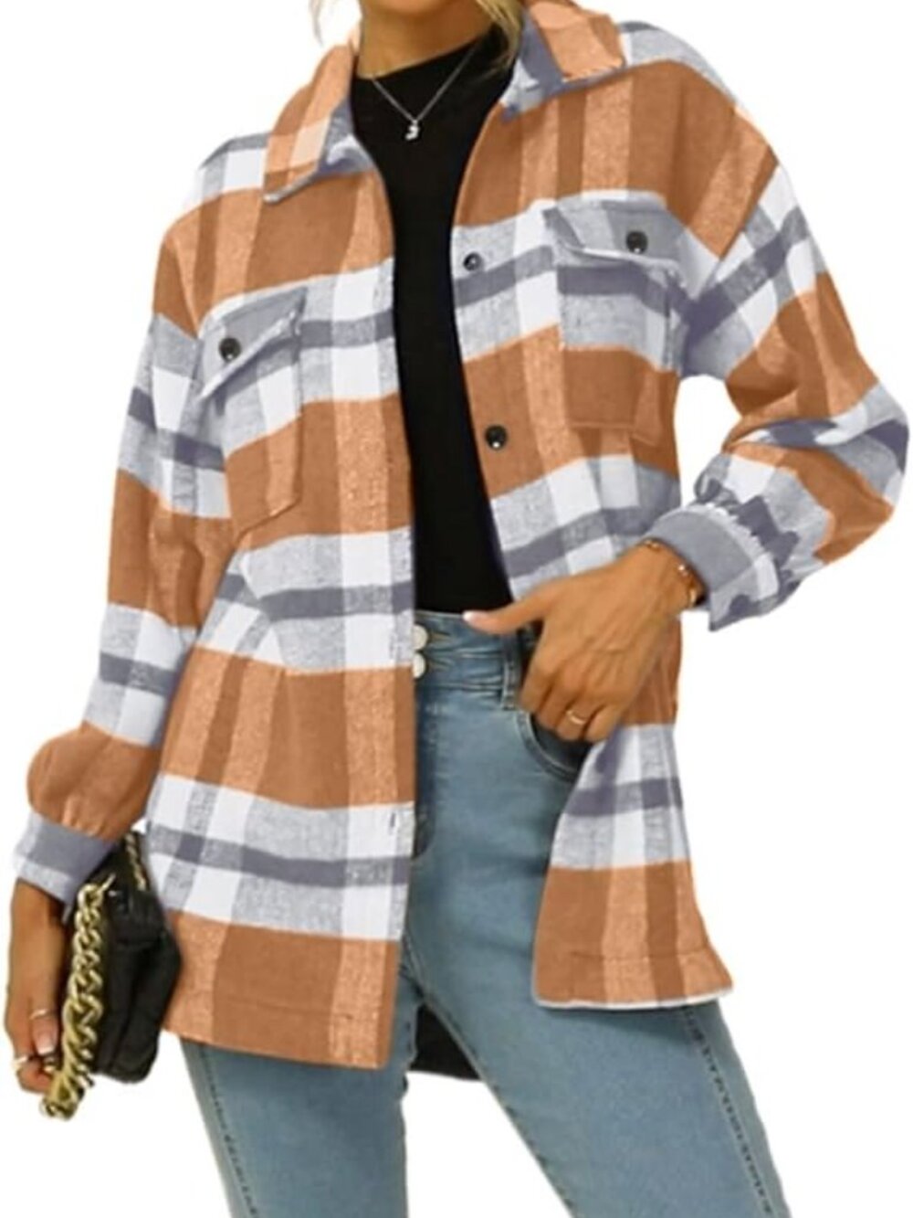Amazon Plaid Button Down Shacket in Camel Beige White & Gray Size M